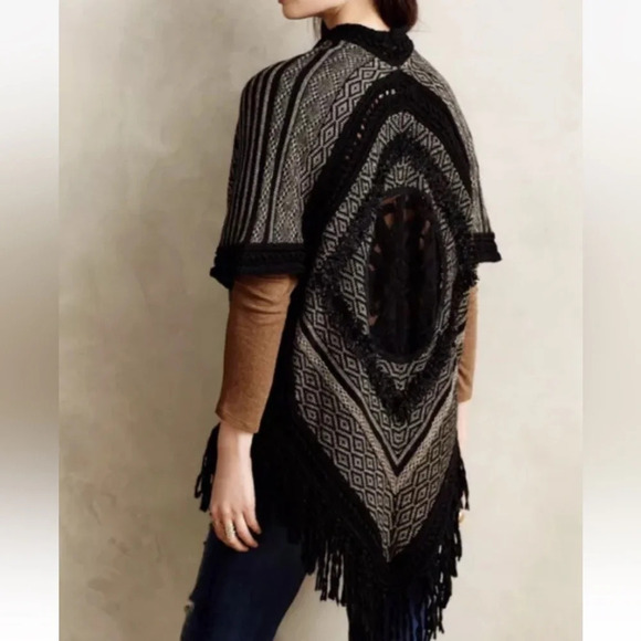 ANTHROPOLOGIE Galenia Cardigan Bohemian Crochet Fringe Lambswool Tribal, OS - Picture 4 of 16